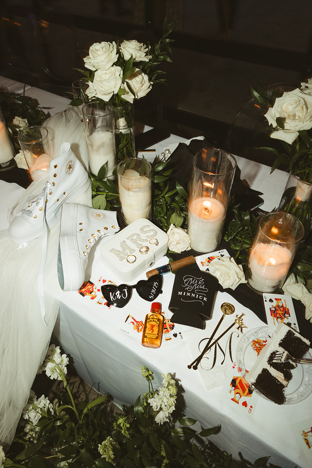 Wedding late night flat lay with black and white wedding details