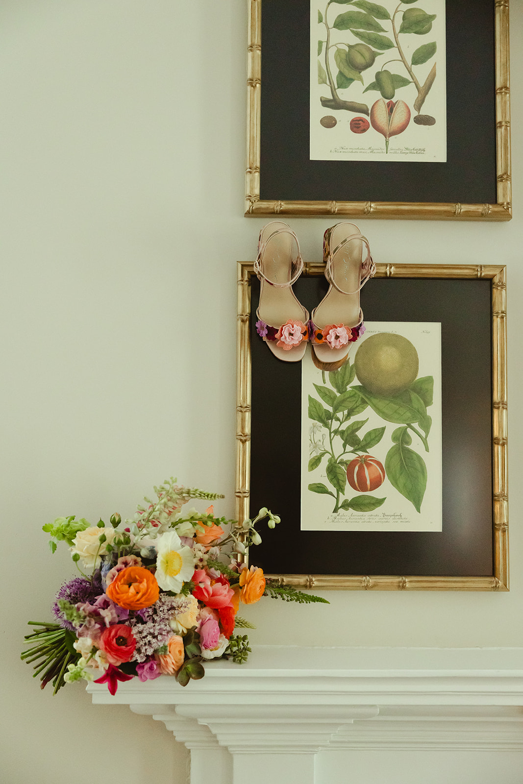 A bride's wedding shoes that match her wedding bouquet, as a colorful wedding idea