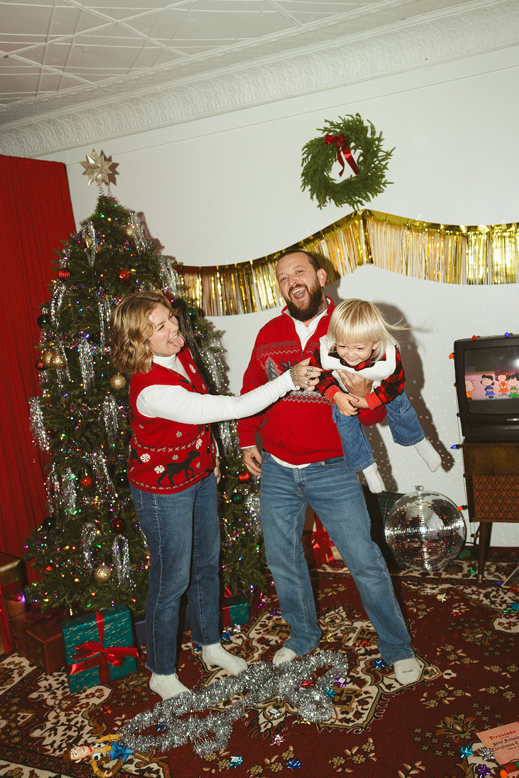 A family taking retro christmas pictures
