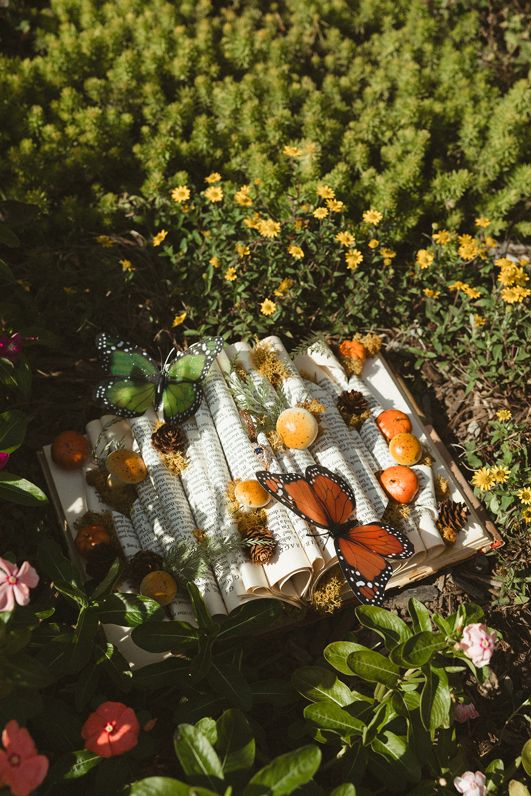 a butterfly on a vow book in the grass at a renaissance wedding