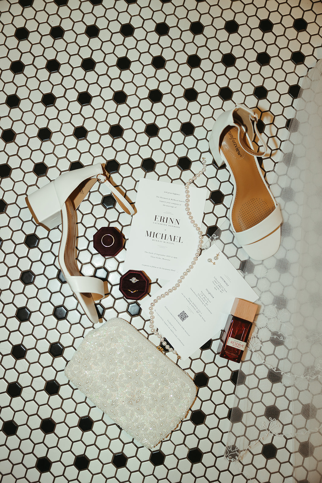 A wedding flat lay with wedding shoes and wedding details